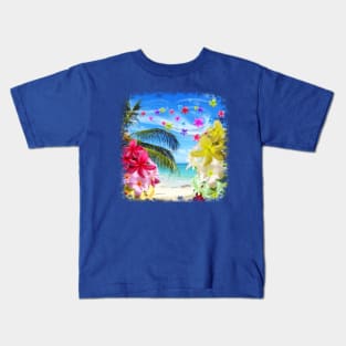 Tropical Beach and Exotic Plumeria Flowers Kids T-Shirt